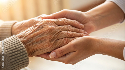 giving help a young girl holding old people hand. An elderly care love support with sunset background.