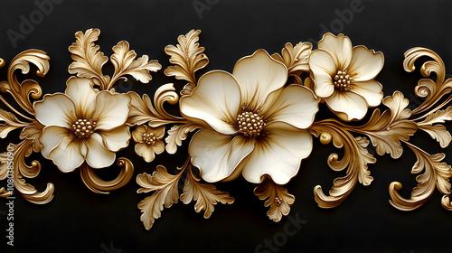 Elegant 3D Gold Floral Ornament Design with Cream Flowers on Black Background