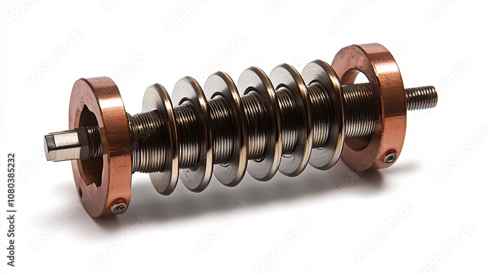 Fototapeta premium Industrial Artistry: Intricate Close-Up of a Precision-Engineered Metal Component. Explore the interplay of copper and steel in this captivating mechanical marvel.