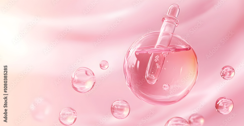 Skin Serum and Vitamin collagen with Molecule, Liquid Bubble on pink color background. 3d rendering. Skin Serum and Vitamin collagen with Molecule, Liquid Bubble on pink color background. 3d rendering.