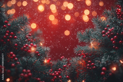 A cozy and cheerful Christmas scene featuring lush evergreens, red berries, and glowing lights, perfect for holiday cards or festive invitations.
