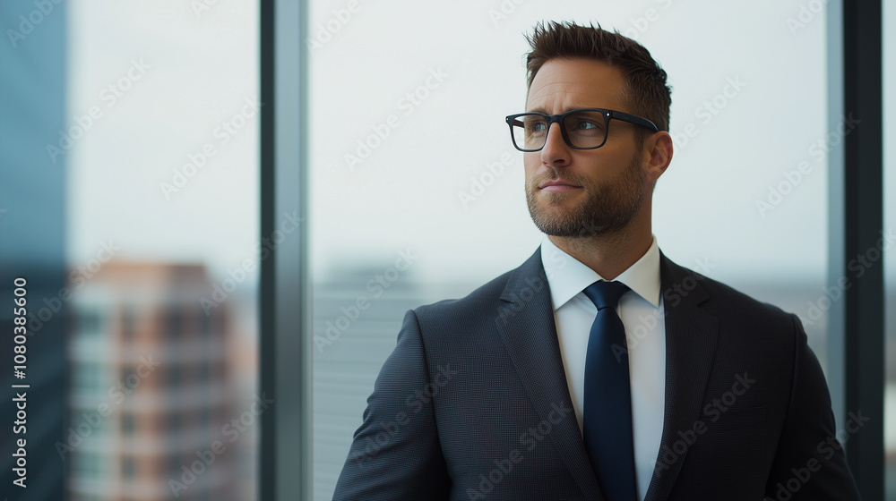 confident man in suit and glasses stands by large window, gazing thoughtfully at cityscape. His professional demeanor reflects ambition and determination. confident man in suit and glasses stands by large window, gazing thoughtfully at cityscape. His professional demeanor reflects ambition and determination.