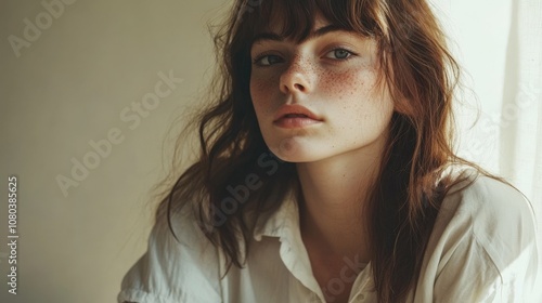 Portrait of a young woman with freckles and natural skin texture, soft backdrop,