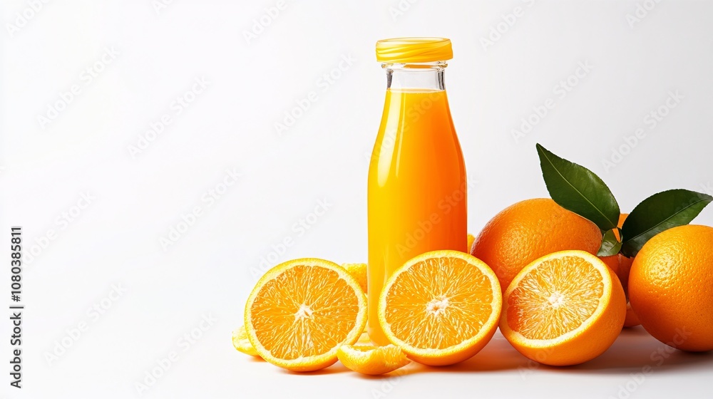 Freshly squeezed orange juice in a glass bottle with ripe oranges, a refreshing and healthy beverage. Perfect for a summer day. Freshly squeezed orange juice in a glass bottle with ripe oranges, a refreshing and healthy beverage. Perfect for a summer day.