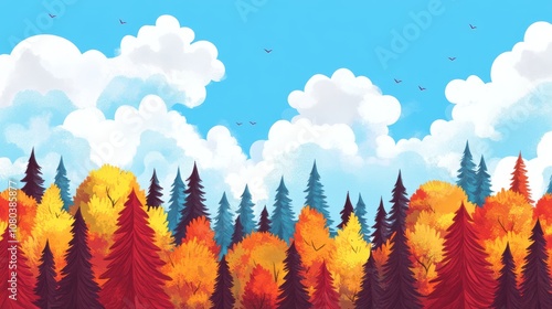 Flat Style Fall Season with Colorful Pines and Trees photo