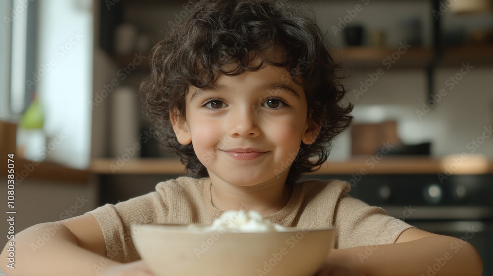 boy with dark curly hair and brown eyes eating yogurt from a bowl in a bright modern kitchen with a soft focus background boy with dark curly hair and brown eyes eating yogurt from a bowl in a bright modern kitchen with a soft focus background