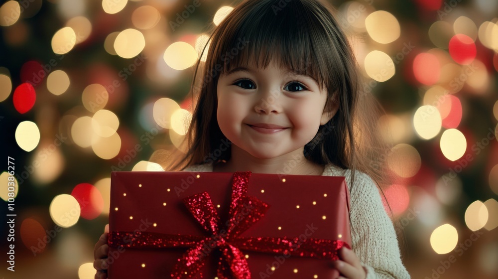 White girl with joyful expression holding a big red gift, in front of a background with bokeh lights, White girl with joyful expression holding a big red gift, in front of a background with bokeh lights,