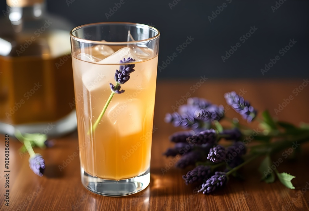 A refreshing blend of gin and Earl Grey tea, sweetened with honey syrup and garnished with lavender on a wooden tray. Perfect for a sophisticated and aromatic drink experience A refreshing blend of gin and Earl Grey tea, sweetened with honey syrup and garnished with lavender on a wooden tray. Perfect for a sophisticated and aromatic drink experience