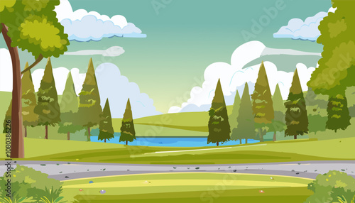 Nature landscape background in cartoon style. Vector illustration with trees, grass and lake.