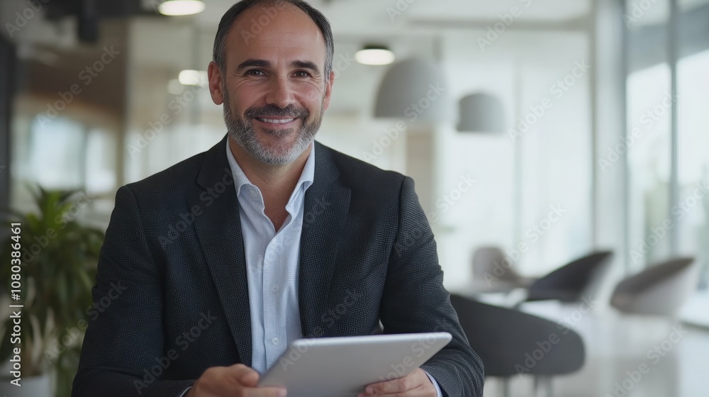 Businessman with a tablet in his hands, smiling and sitting at a table in a modern office, background slightly blurred with office decor Businessman with a tablet in his hands, smiling and sitting at a table in a modern office, background slightly blurred with office decor