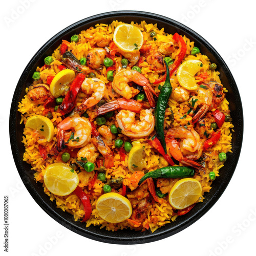 Authentic Spanish Seafood Paella with Shrimp, Saffron Rice, and Vibrant Vegetables – A Festive Mediterranean Dish PNG Icon on transparent background