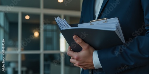 Businessman Holding Folder with Documents in Office