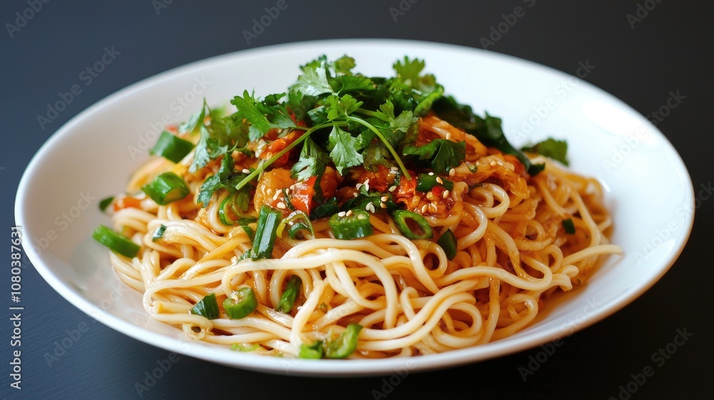 Delicious Asian Noodles Topped with Fresh Cilantro, Green Onions, and Flavorful Sauce on a White Plate, Perfect for Food Lovers and Culinary Enthusiasts Delicious Asian Noodles Topped with Fresh Cilantro, Green Onions, and Flavorful Sauce on a White Plate, Perfect for Food Lovers and Culinary Enthusiasts