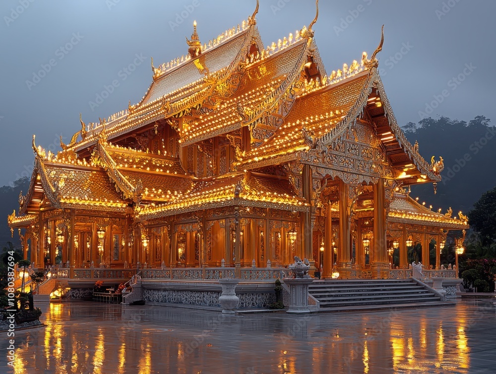 Fototapeta premium Experience the enchantment of a traditional thai temple adorned with lights at twilight