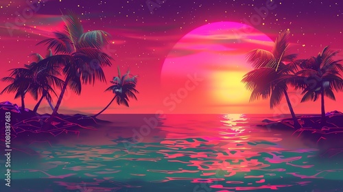 A retro-futuristic tropical sunset scene with palm trees and a large, glowing pink sun in the sky.