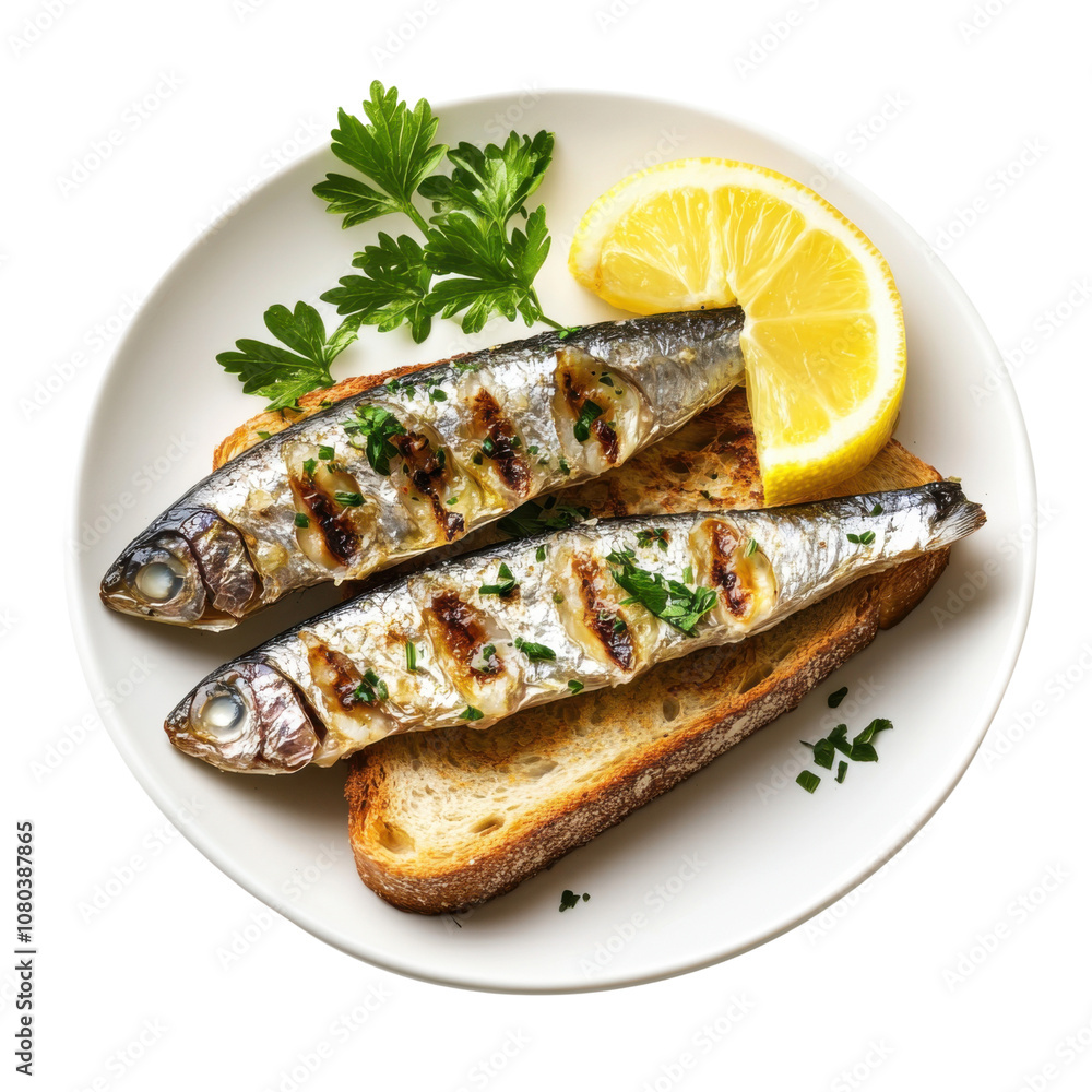 Grilled Sardines with Lemon and Parsley on Rustic Toast – A Healthy Mediterranean Seafood Dish Perfect for Any Occasion PNG Icon on transparent background Grilled Sardines with Lemon and Parsley on Rustic Toast – A Healthy Mediterranean Seafood Dish Perfect for Any Occasion PNG Icon on transparent background