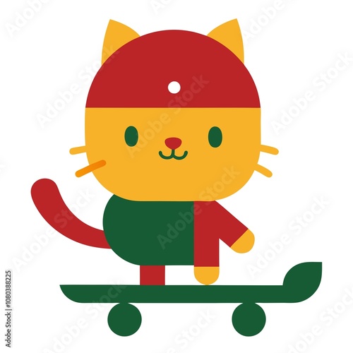 A cute cat wearing a tiny helmet, riding a skateboard down a colorful street.