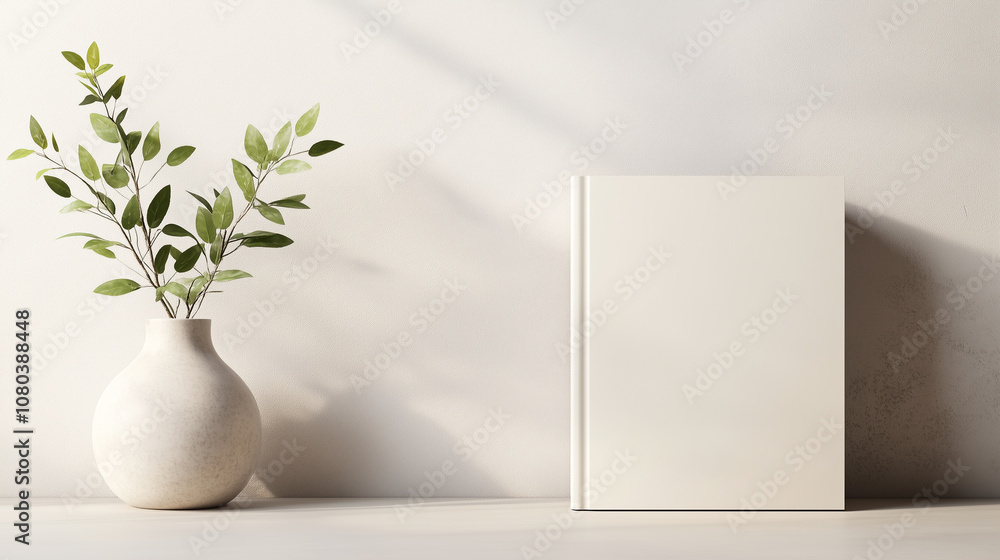 minimalist scene featuring blank book beside vase with green leaves, creating serene and calming atmosphere. minimalist scene featuring blank book beside vase with green leaves, creating serene and calming atmosphere.