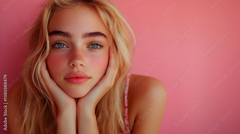 Portrait of a Young Woman with Freckles, Resting Chin on Hands Against a Pink Background Portrait of a Young Woman with Freckles, Resting Chin on Hands Against a Pink Background