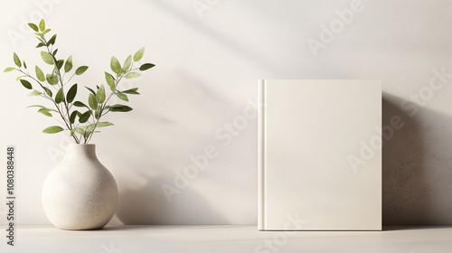 minimalist scene featuring blank book beside vase with green leaves, creating serene and calming atmosphere.