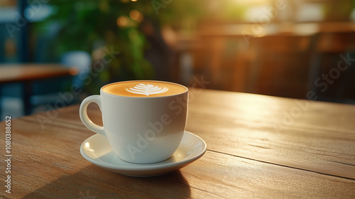 beautifully crafted cup of coffee with latte art on wooden table, surrounded by warm, inviting atmosphere. Perfect for coffee lovers.