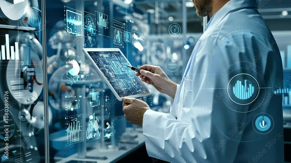 A scientist in a lab coat examines data on a tablet in a modern laboratory filled with scientific equipment and glass displays.