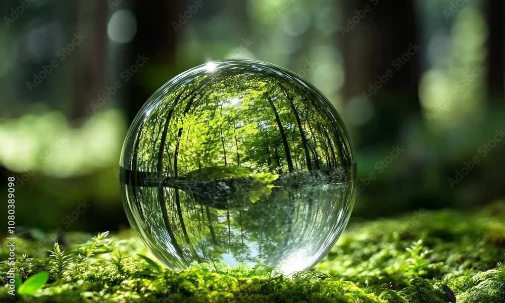 A glass ball reflecting a forest scene in a lush green setting. A glass ball reflecting a forest scene in a lush green setting.