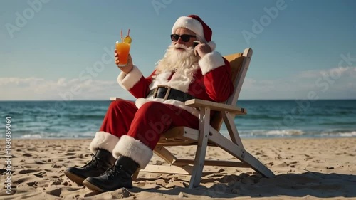 santa claus on the beach with a gift