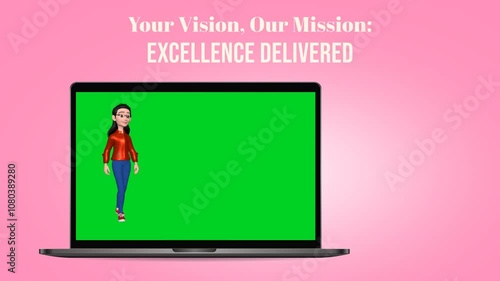 3D Business Woman Character cartoon Animation in Green screen Laptop For Promo Product photo