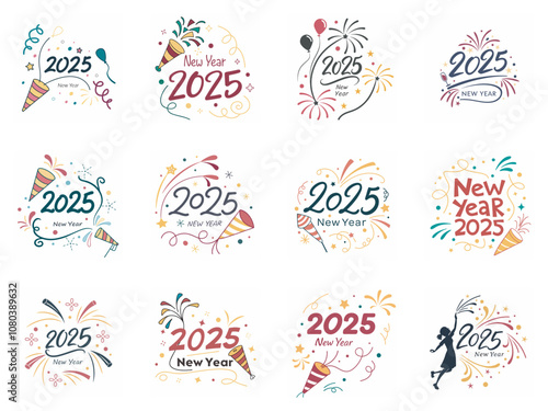 Festive New Year 2025 Celebration Designs with Fireworks, Confetti, and Balloons