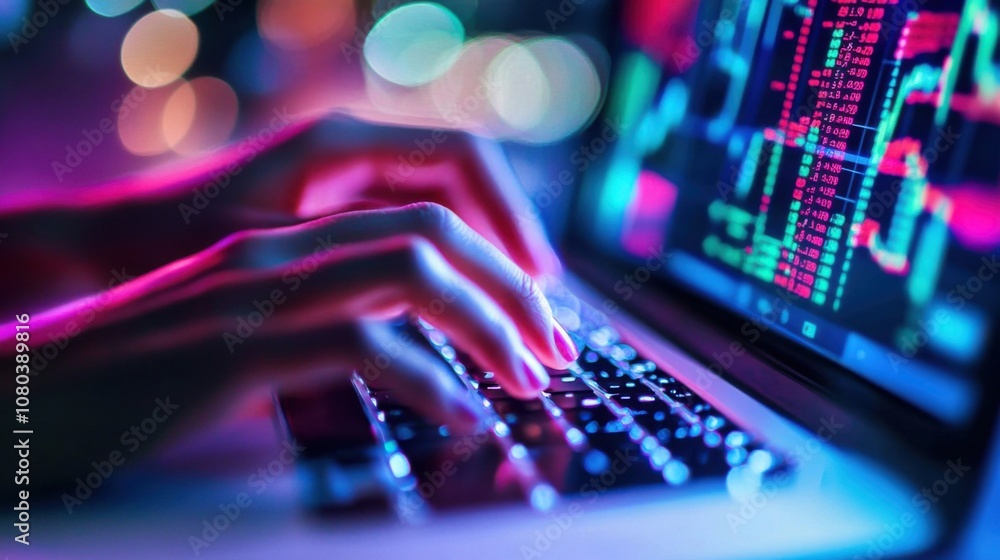 Hands typing on a laptop with stock market analysis on the screen Hands typing on a laptop with stock market analysis on the screen
