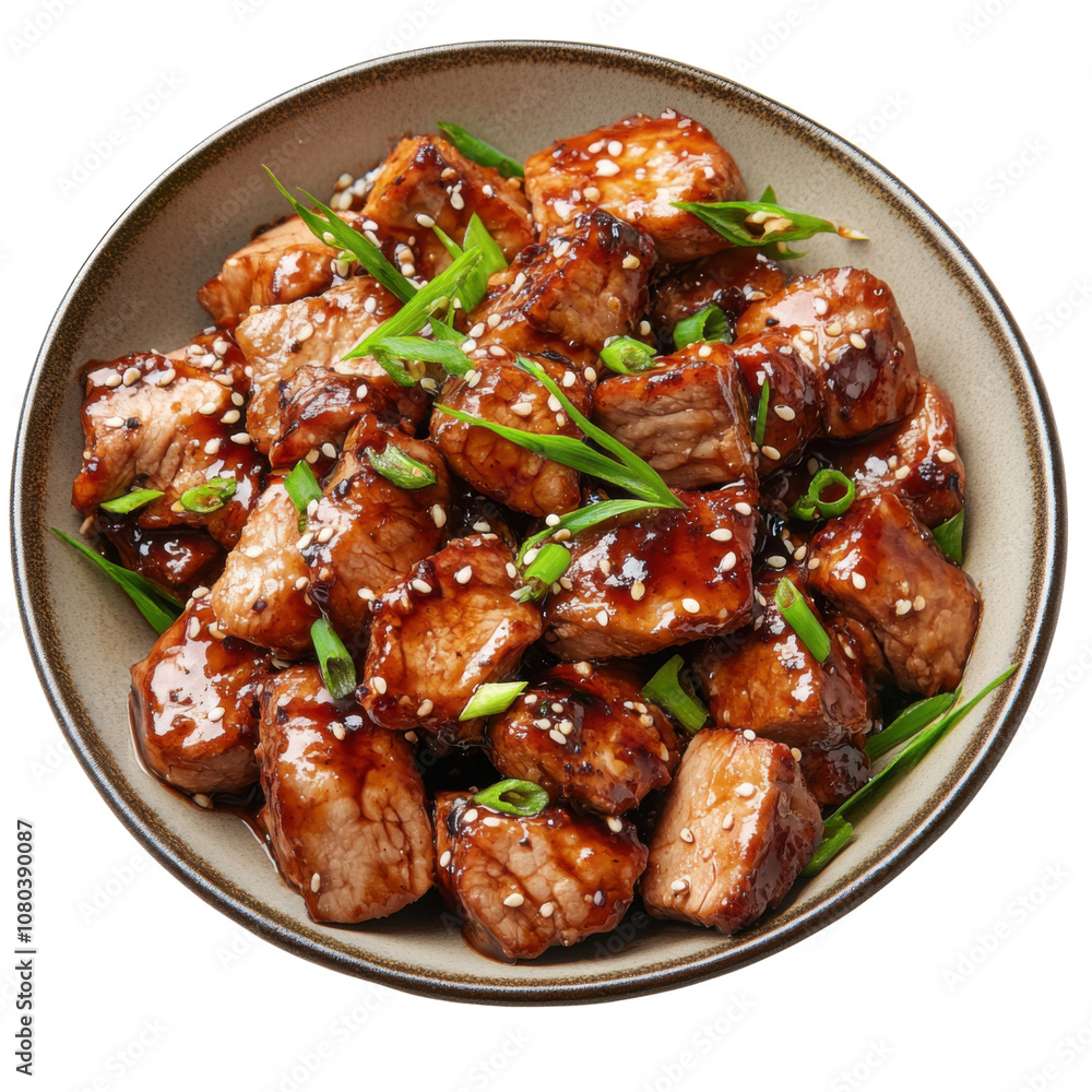 Sweet and Savory Glazed Meat Bites – Perfectly Caramelized with Soy Sauce and Green Onion Garnish PNG Icon on transparent background