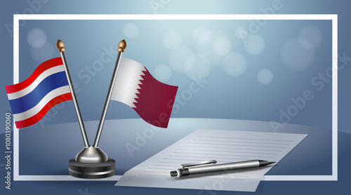 Thailand and Qatar Small national flag on bokeh background, cooperative relationship