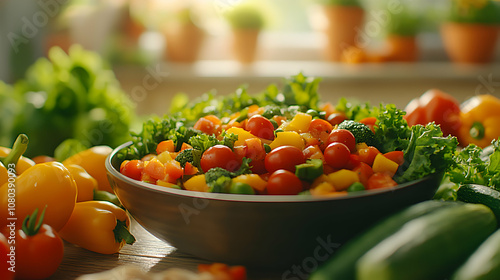 Vibrant Vegetable Salad in Bowl, Colorful Raw Ingredients, Healthy Eating Concept