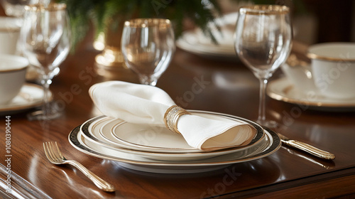 Wallpaper Mural Close-up of a wooden dining table set with elegant dinnerware and folded napkins. Torontodigital.ca