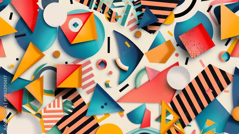 Obraz premium A colorful, abstract, geometric pattern featuring overlapping circles, triangles, and squares in vibrant hues.