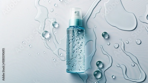 Elegant glass bottle filled with transparent aqua serum a premium skincare cosmetic product designed for facial care and natural beauty  The bottle features a minimalist and modern design