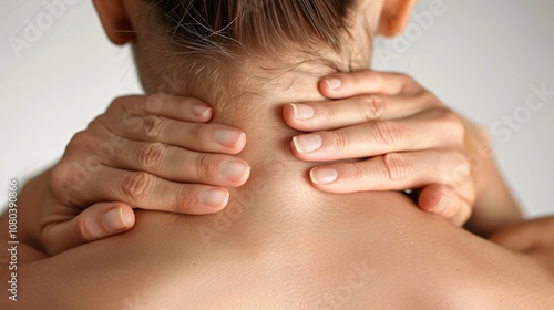 Hands of a massage therapist providing a therapeutic neck and shoulder massage to help alleviate pain tension and stress promoting relaxation and overall wellbeing