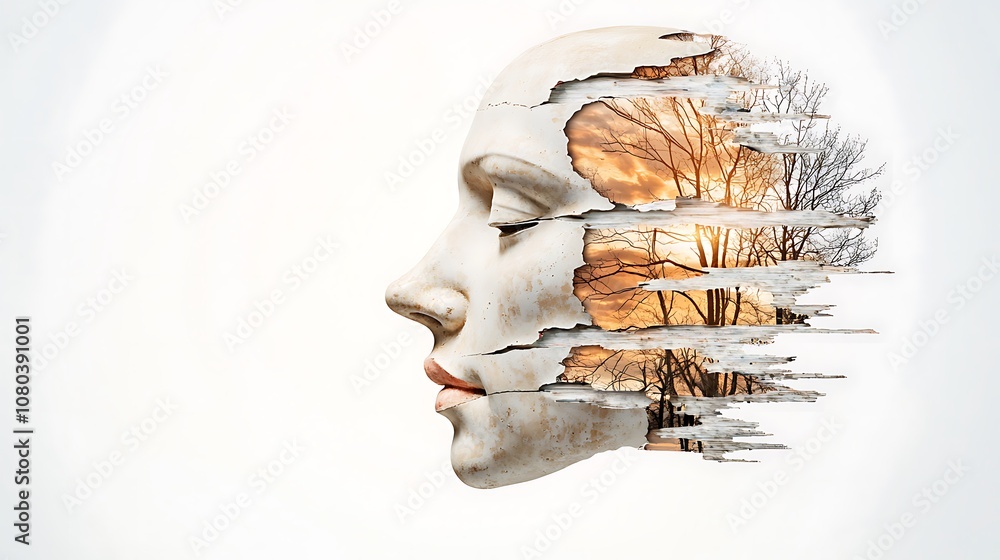 Naklejka premium The collage features an antique plaster sculpture of a human face, blending seamlessly with a modern pop art style that incorporates elements of zine culture and contemporary art