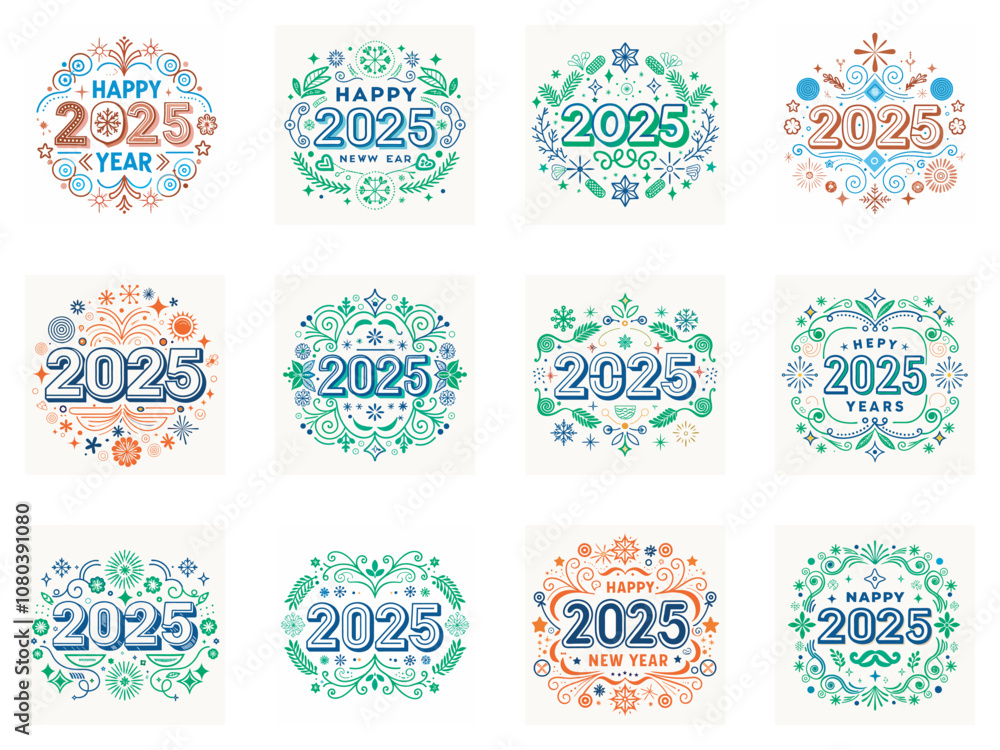 Festive 2025 New Year designs in retro style. Festive 2025 New Year designs in retro style.