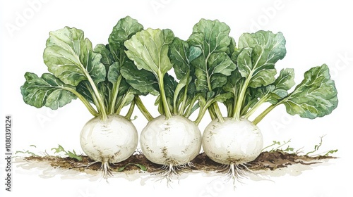 Create stunning watercolor illustrations of kohlrabi plants with bulbous roots for artistic projects