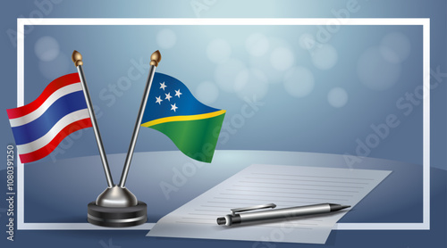 Thailand and Solomon Islands Small national flag on bokeh background, cooperative relationship