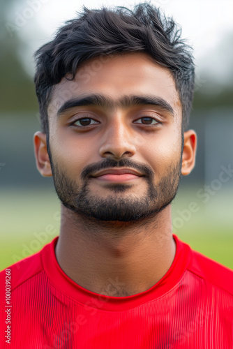 Close up portrait of a young Indian boy in a red sports jersey