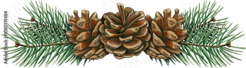 Watercolor hand drawn realistic pinecone composition