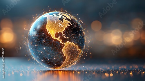 A digital globe made of intricate plexus bright glowing lines, displaying a detailed virtual planet Earth technology structure of connected lines, dots