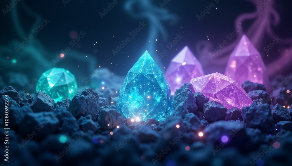 Glowing Crystals in Mystical Rock Landscape. magic, alchemical crystals, rubies, sapphires, synthetic garnets, alexandrite among dark-colored stones emit light and energy.
Glowing Crystals in Mystical Rock Landscape. magic, alchemical crystals, rubies, sapphires, synthetic garnets, alexandrite among dark-colored stones emit light and energy.