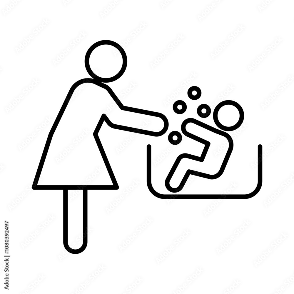 Mother washing baby in bath tub icon linear logo mark in black and white Mother washing baby in bath tub icon linear logo mark in black and white
