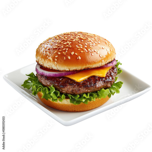 Classic Juicy Cheeseburger with Melted Cheese, Fresh Lettuce, and Onion on a Sesame Seed Bun – Perfect for Any Meal PNG Icon on transparent background