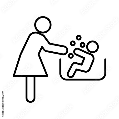 Mother washing baby in bath tub icon linear logo mark in black and white