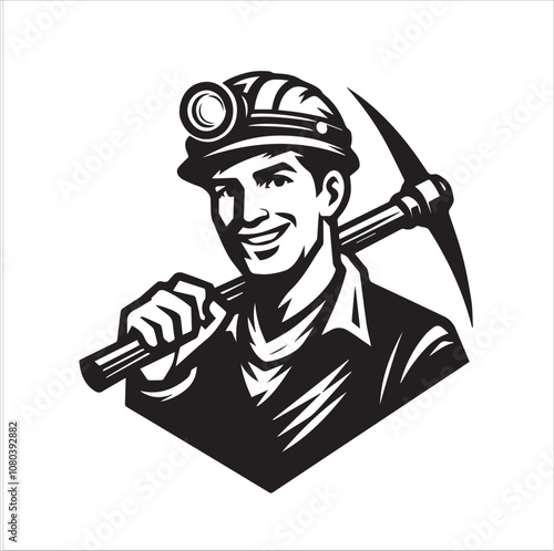 Confident Miner Ready for Work. Black and white illustration of a smiling female miner wearing a headlamp and overalls, holding a pickaxe.